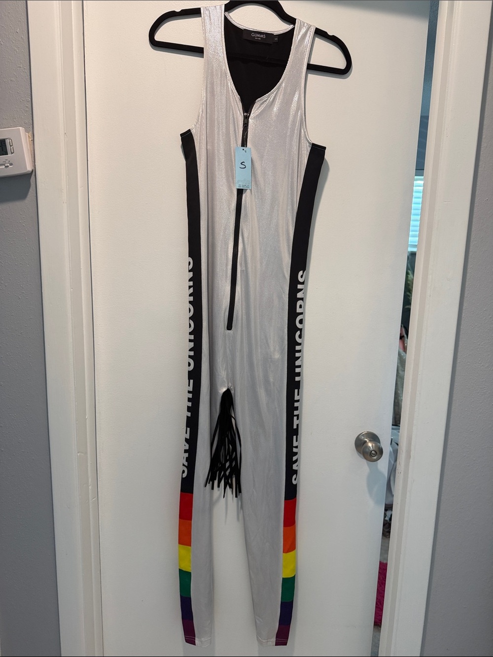 Glimms Save the unicorn Silver One-Piece suit with Rainbow Trim and tail